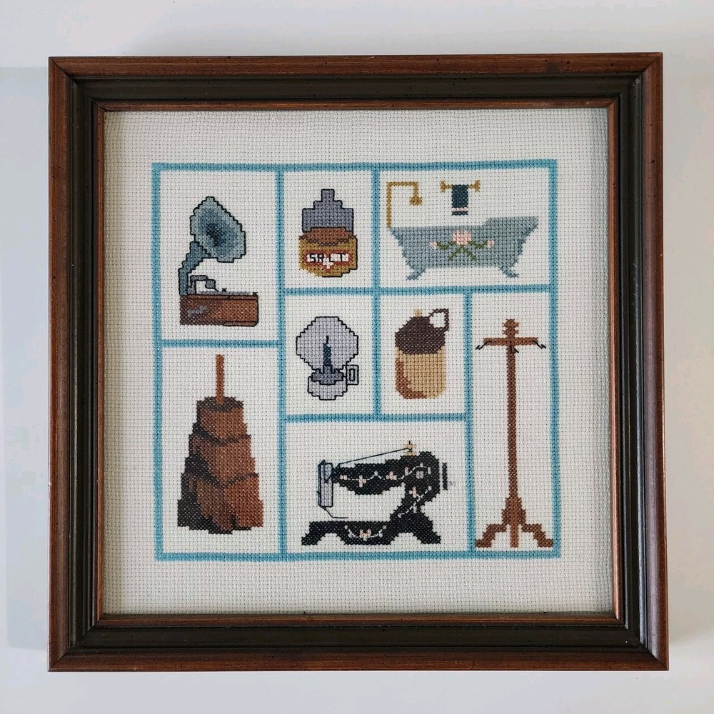 Nostalgic Designs Cross Stitch Framed Picture Cottage Cabin Sewing Machine Churn